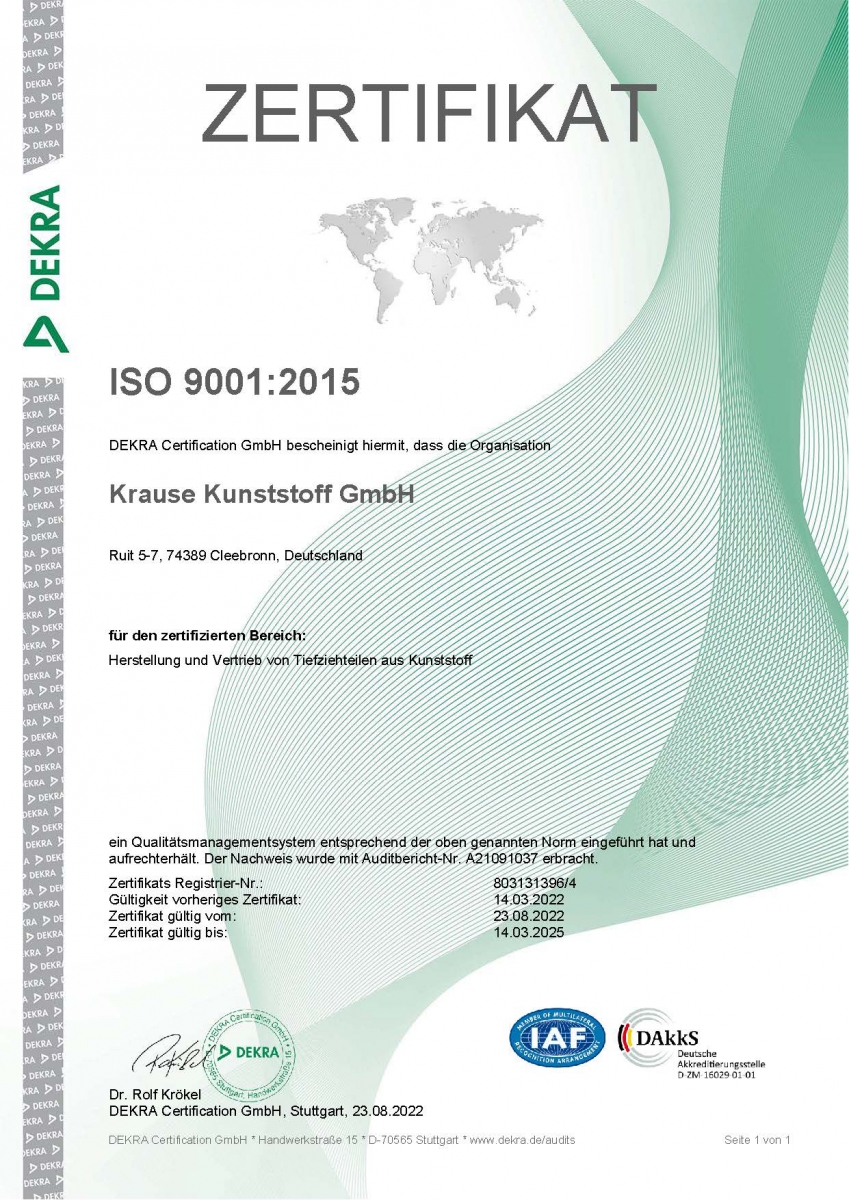 Zertifikat ISO 9001:2015 – Plastec Packaging